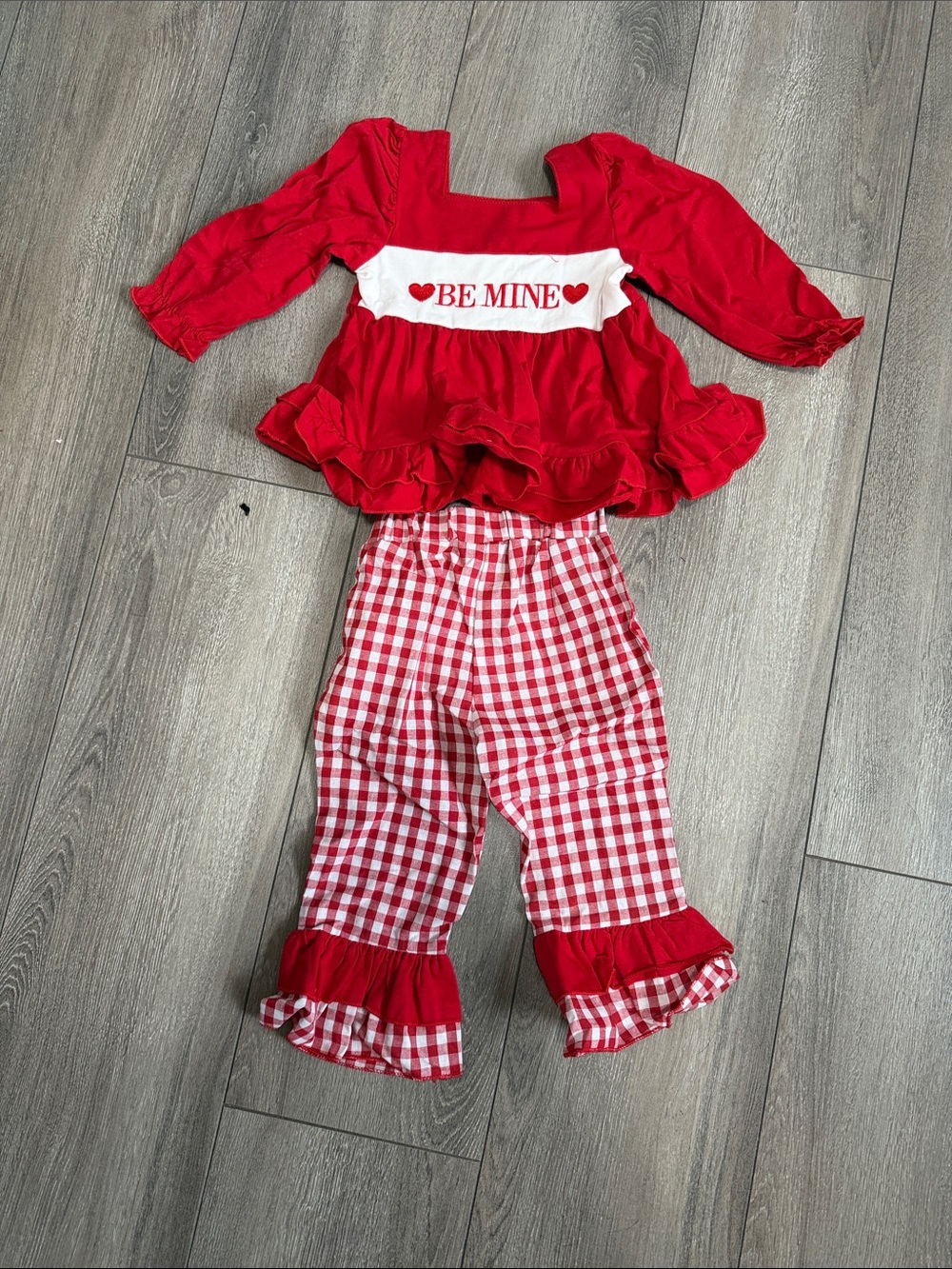 Girls Red "Be Mine" Two-Piece Matching Set with Gingham Pants